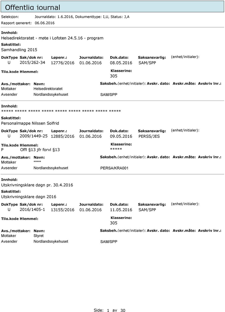 2016 SAM/S 305 Mottaker Helsedirektoratet SAM/S nnhold: ersonalmappe Nilssen Solfrid 2009/1449-25 12885/2016 09.05.2016 ERSS/JES Mottaker ERSA/KRA001 nnhold: tskrivningsklare døgn pr.