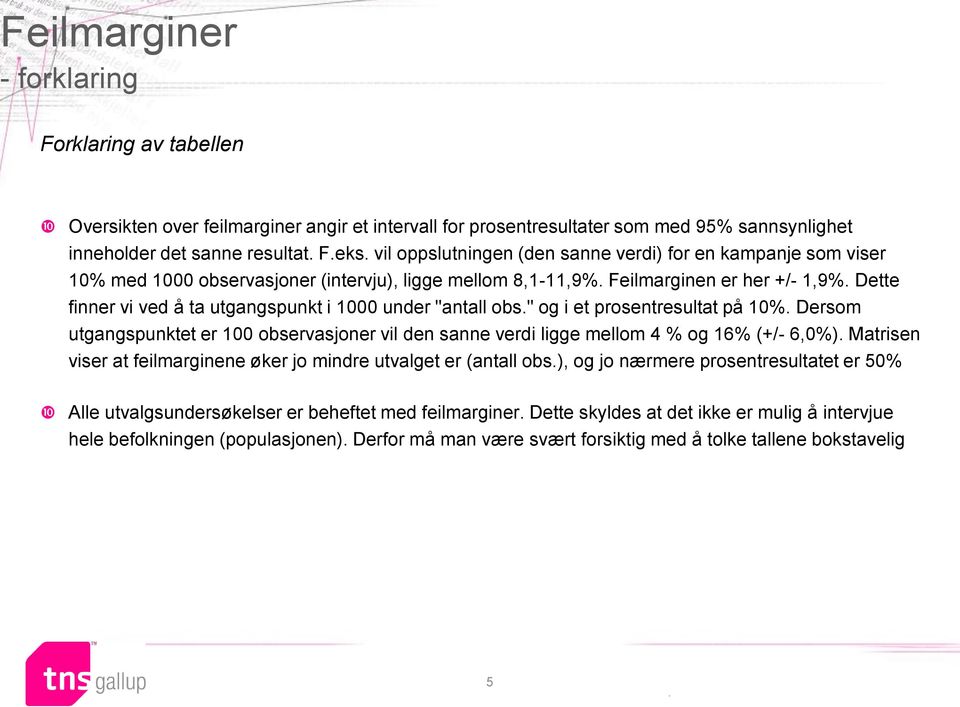 i et prosentresultat på 10 Dersom utgangspunktet er 100 observasjoner vil den sanne verdi ligge mellom 4 og 16 (+/- 6,0) Matrisen viser at feilmarginene øker jo mindre utvalget er (antall obs), og jo