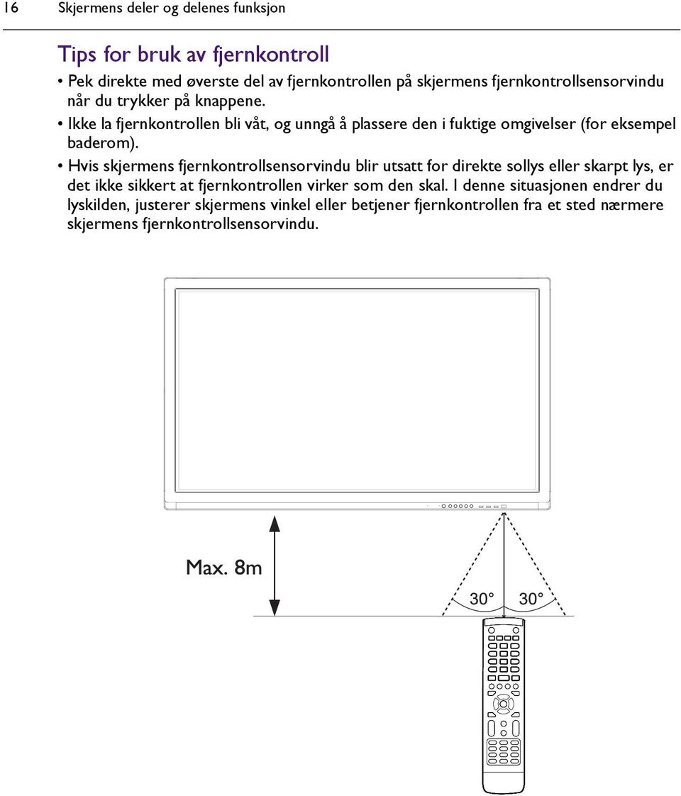 Ikke la fjernkontrollen bli våt, og unngå å plassere den i fuktige omgivelser (for eksempel baderom).