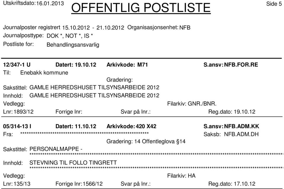 2012 Lnr: 1893/12 Forrige lnr: Svar på lnr.: Reg.dato: 19.10.12 05/314-13 I Datert: 11.10.12 Arkivkode: 420 X42 S.ansv: NFB.ADM.