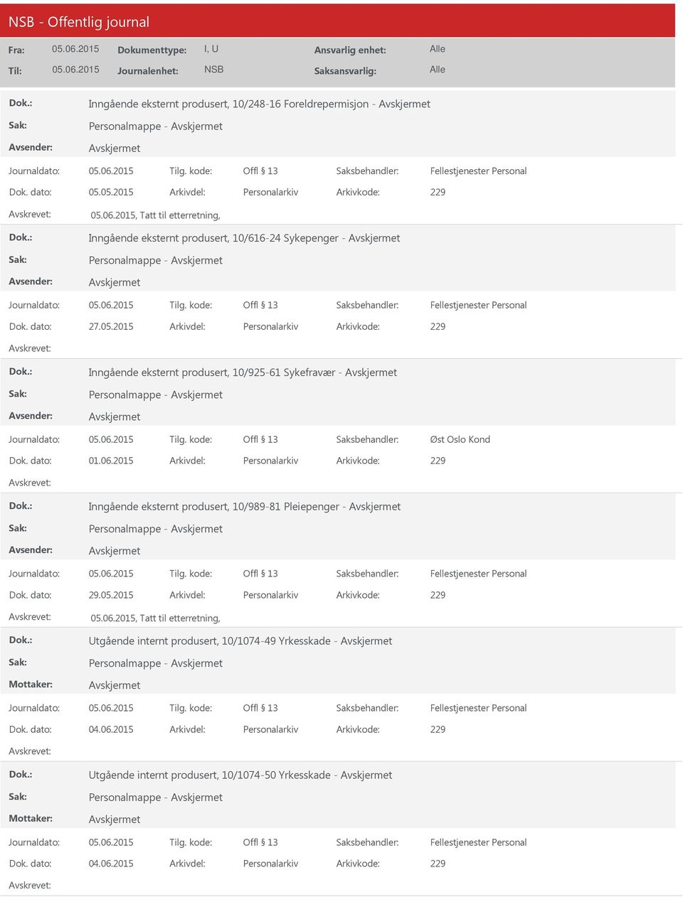 dato: 01.06.2015 Arkivdel: Personalarkiv Inngående eksternt produsert, 10/989-81 Pleiepenger - Personalmappe - Dok. dato: 29.05.