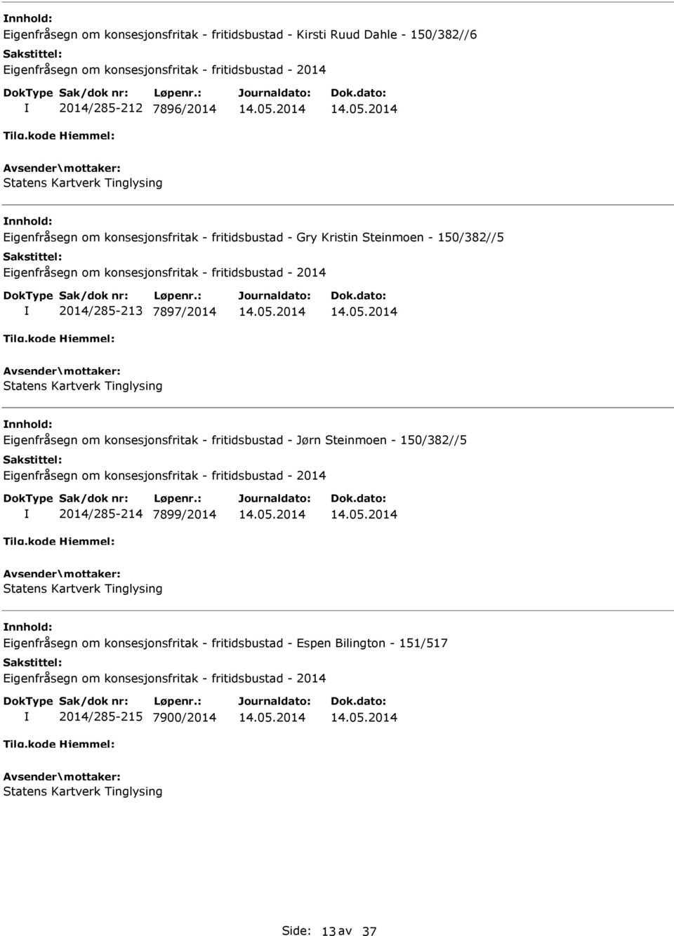 7897/2014 nnhold: Eigenfråsegn om konsesjonsfritak - fritidsbustad - Jørn Steinmoen - 150/382//5 2014/285-214