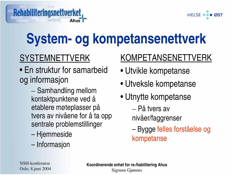 opp sentrale problemstillinger Hjemmeside Informasjon KOMPETANSENETTVERK Utvikle kompetanse