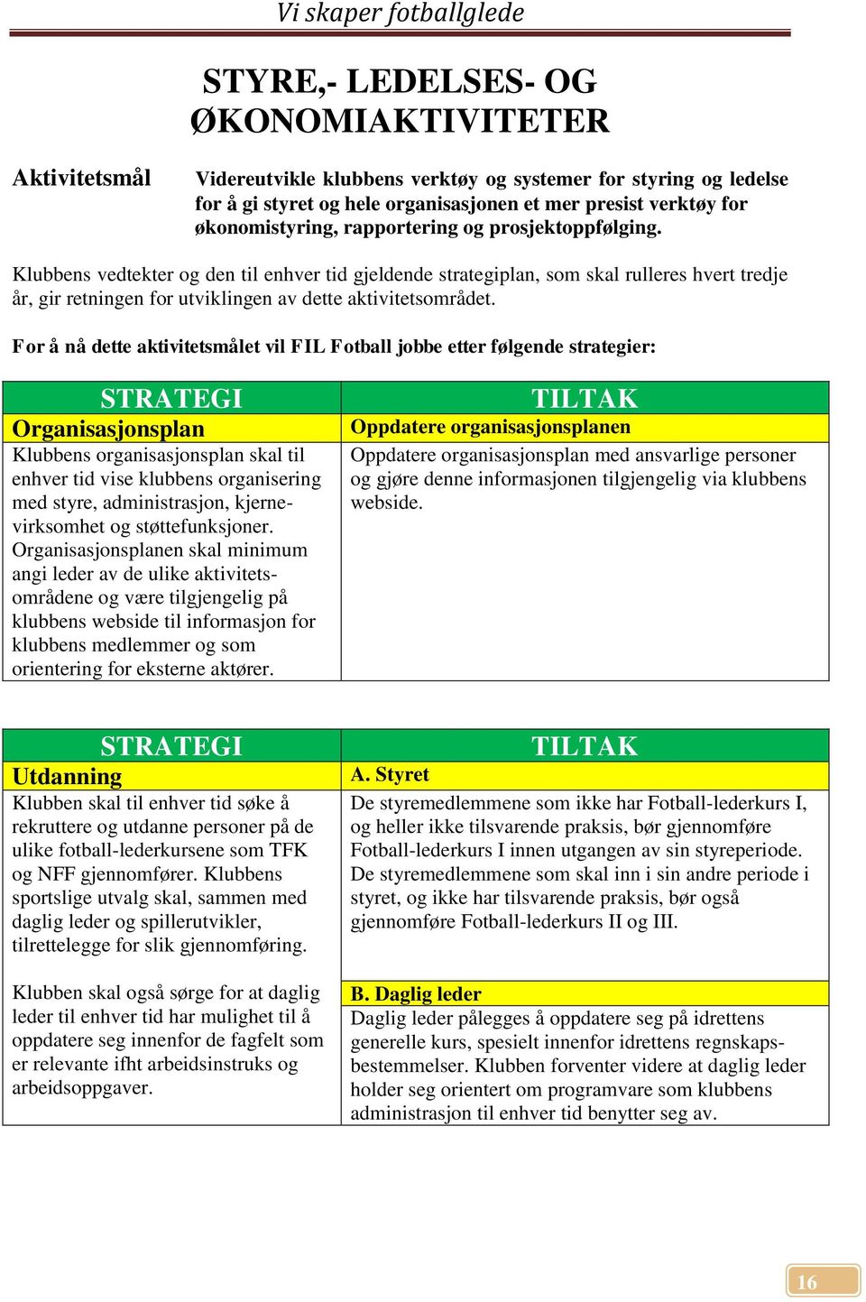 Klubbens vedtekter og den til enhver tid gjeldende strategiplan, som skal rulleres hvert tredje år, gir retningen for utviklingen av dette aktivitetsområdet.