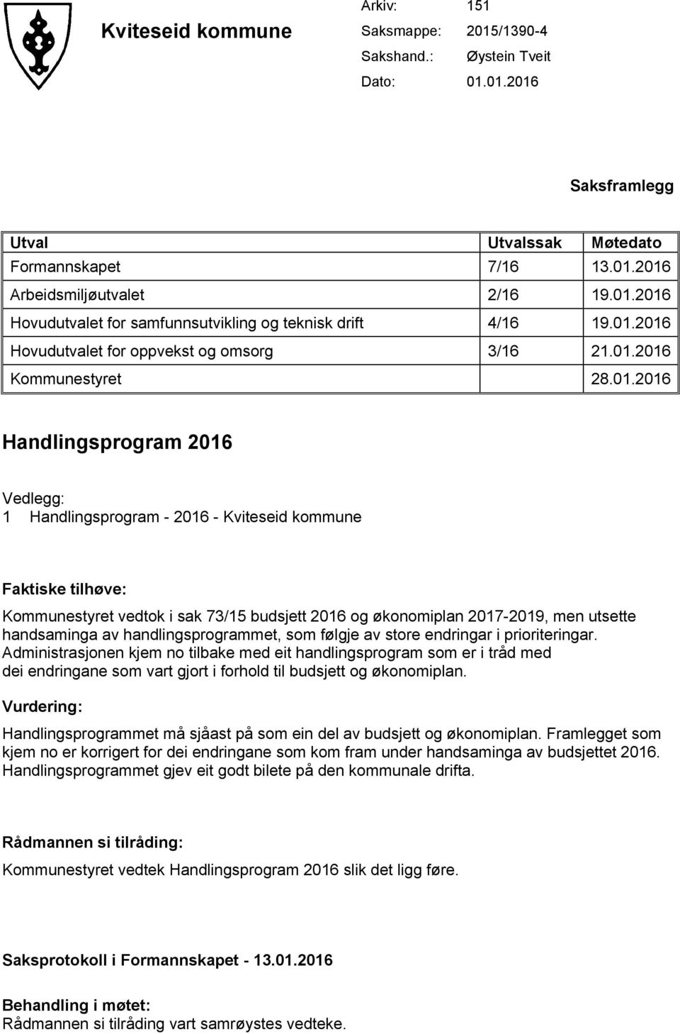 vedtok i sak 73/15 budsjett 2016 og økonomiplan 2017-2019, men utsette handsaminga av handlingsprogrammet, som følgje av store endringar i prioriteringar.