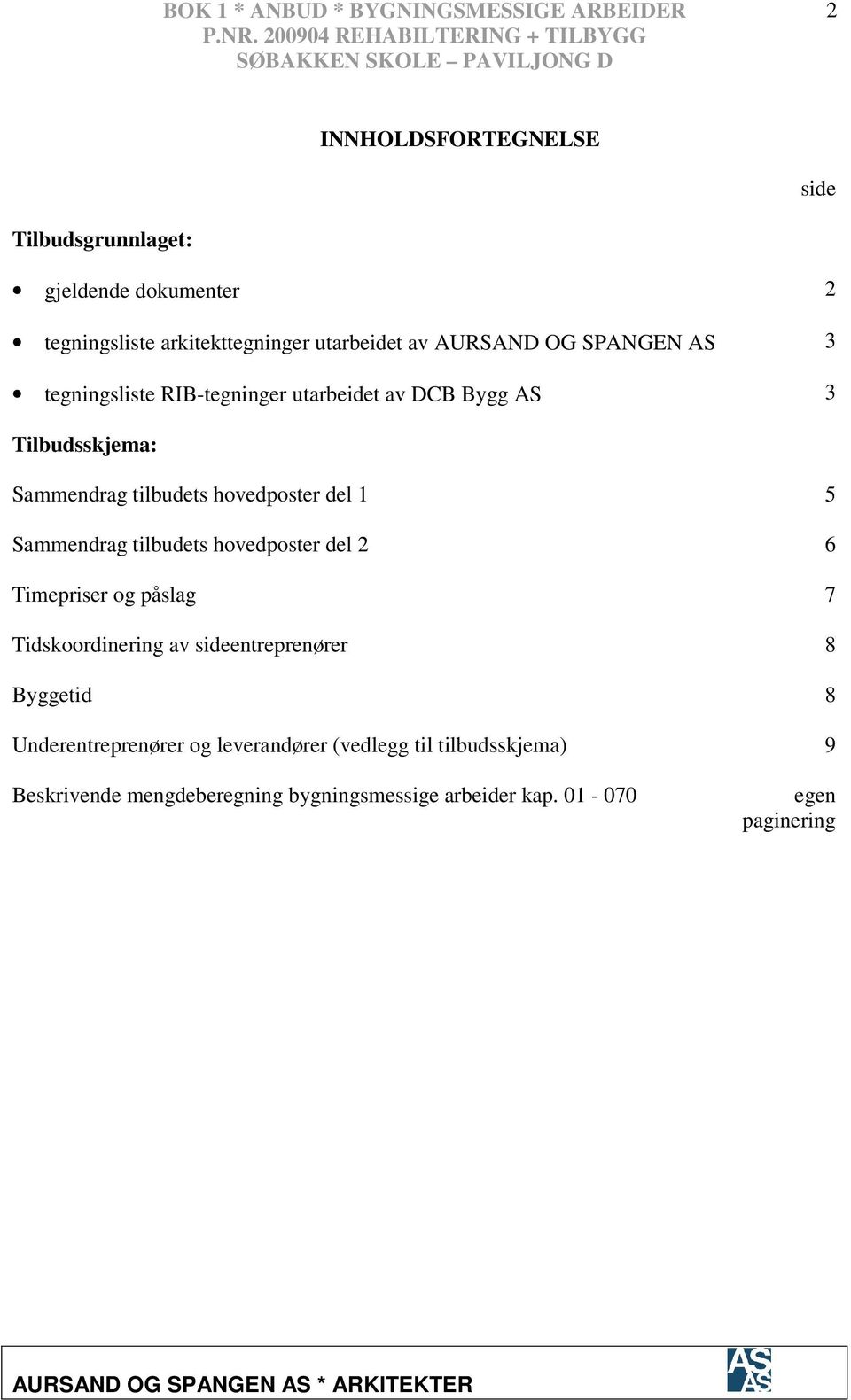 utarbeidet av AURSAND OG SPANGEN AS 3 tegningsliste RIB-tegninger utarbeidet av DCB Bygg AS 3 Tilbudsskjema: Sammendrag tilbudets hovedposter del 1 5 Sammendrag