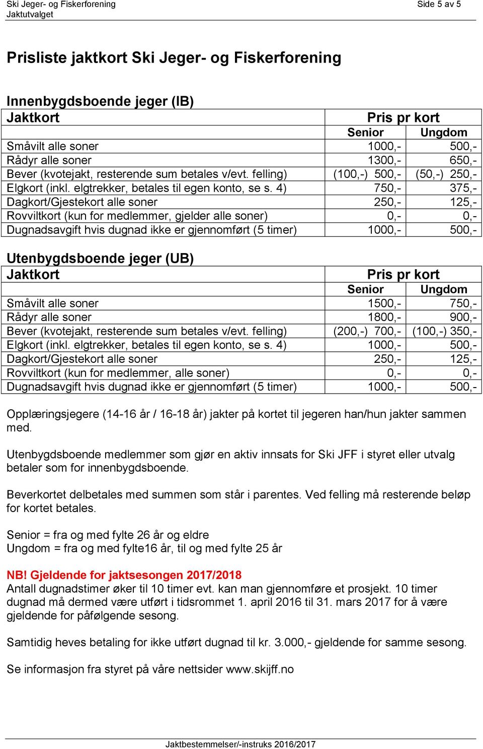 4) 750,- 375,- Dagkort/Gjestekort alle soner 250,- 125,- Rovviltkort (kun for medlemmer, gjelder alle soner) 0,- 0,- Dugnadsavgift hvis dugnad ikke er gjennomført (5 timer) 1000,- 500,-