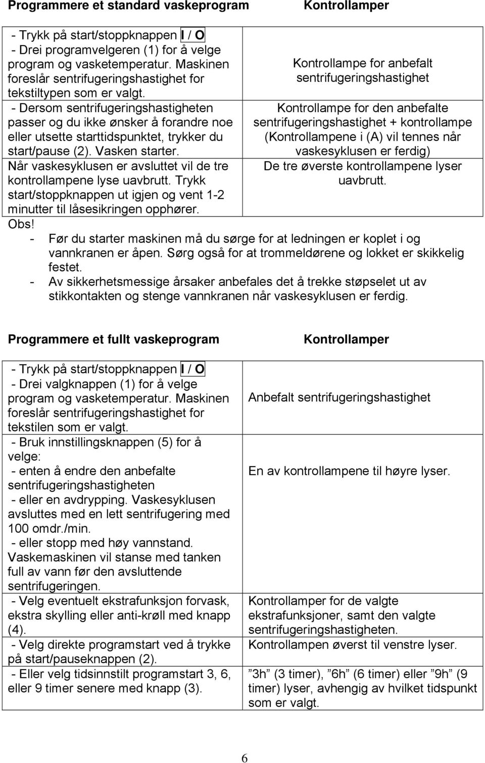 - Dersom sentrifugeringshastigheten passer og du ikke ønsker å forandre noe eller utsette starttidspunktet, trykker du start/pause (2). Vasken starter.