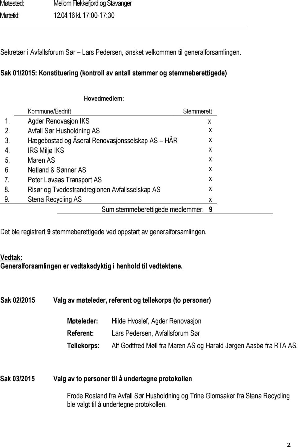 Hægebostad og Åseral Renovasjonsselskap AS HÅR x 4. IRS Miljø IKS x 5. Maren AS x 6. Netland & Sønner AS x 7. Peter Løvaas Transport AS x 8. Risør og Tvedestrandregionen Avfallsselskap AS x 9.