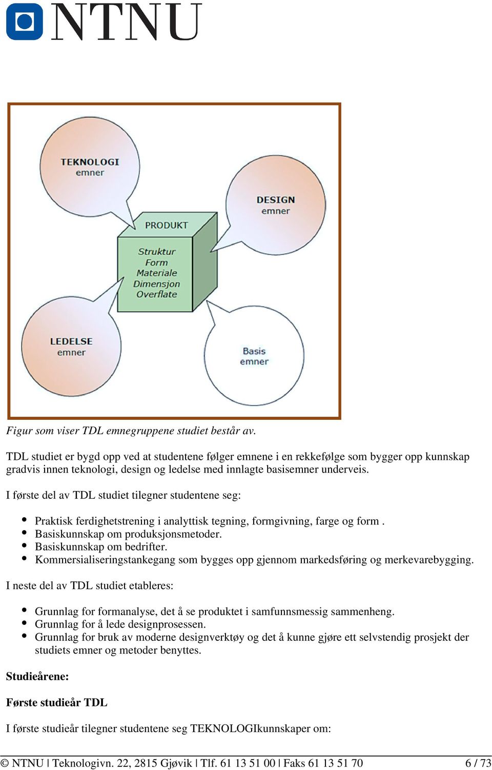 I første del av TDL studiet tilegner studentene seg: Praktisk ferdighetstrening i analyttisk tegning, formgivning, farge og form. Basiskunnskap om produksjonsmetoder. Basiskunnskap om bedrifter.