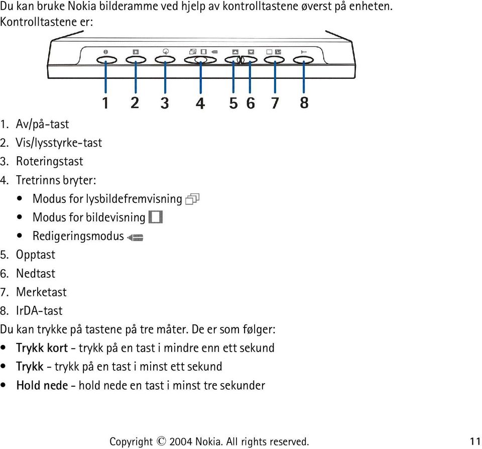 Merketast 8. IrDA-tast Du kan trykke på tastene på tre måter.