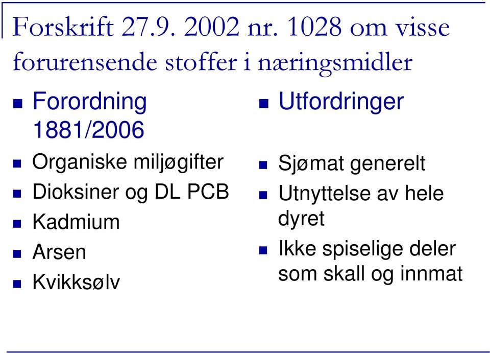 1881/2006 Organiske miljøgifter Dioksiner og DL PCB Kadmium
