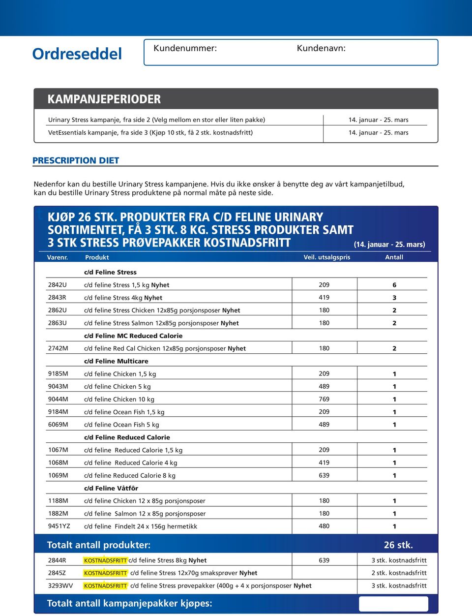 Hvis du ikke ønsker å benytte deg av vårt kampanjetilbud, kan du bestille Urinary Stress produktene på normal måte på neste side. t KJØP 26 STK. PRODUKTER FRA C/D FELINE URINARY SORTIMENTET, FÅ 3 STK.