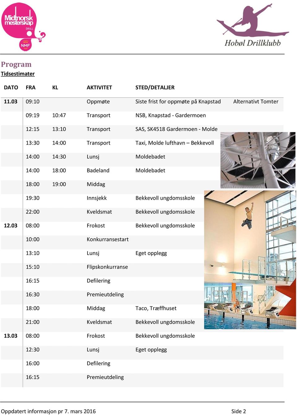 Taxi, Molde lufthavn Bekkevoll 14:00 14:30 Lunsj Moldebadet 14:00 18:00 Badeland Moldebadet 18:00 19:00 Middag 19:30 Innsjekk Bekkevoll ungdomsskole 22:00 Kveldsmat Bekkevoll ungdomsskole 12.