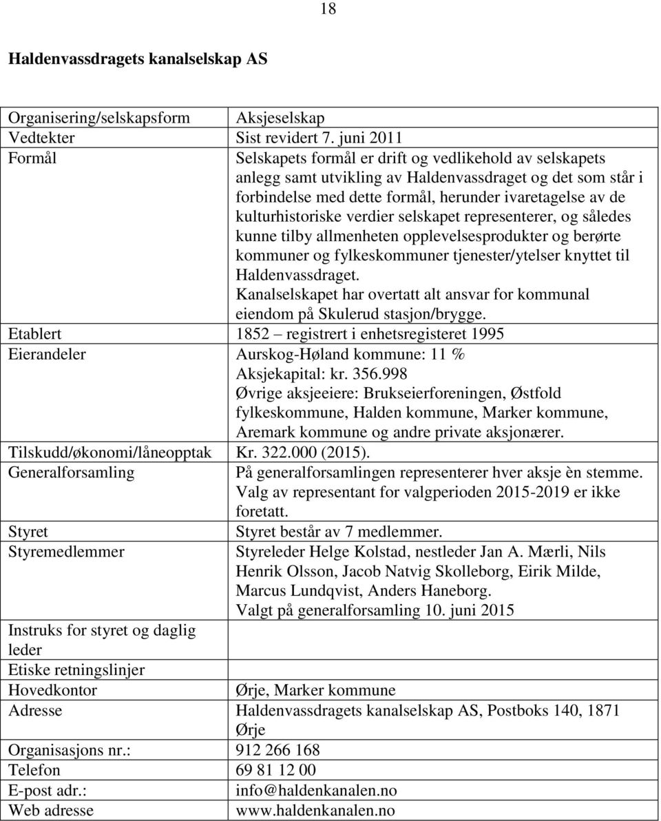 kulturhistoriske verdier selskapet representerer, og således kunne tilby allmenheten opplevelsesprodukter og berørte kommuner og fylkeskommuner tjenester/ytelser knyttet til Haldenvassdraget.