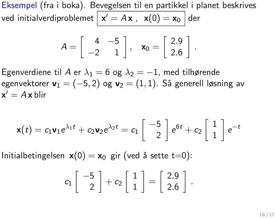 9, x 0 = 2.6 ]. Egenverdiene til A er λ 1 = 6 og λ 2 = 1, med tilhørende egenvektorer v 1 = ( 5, 2) og v 2 = (1, 1).