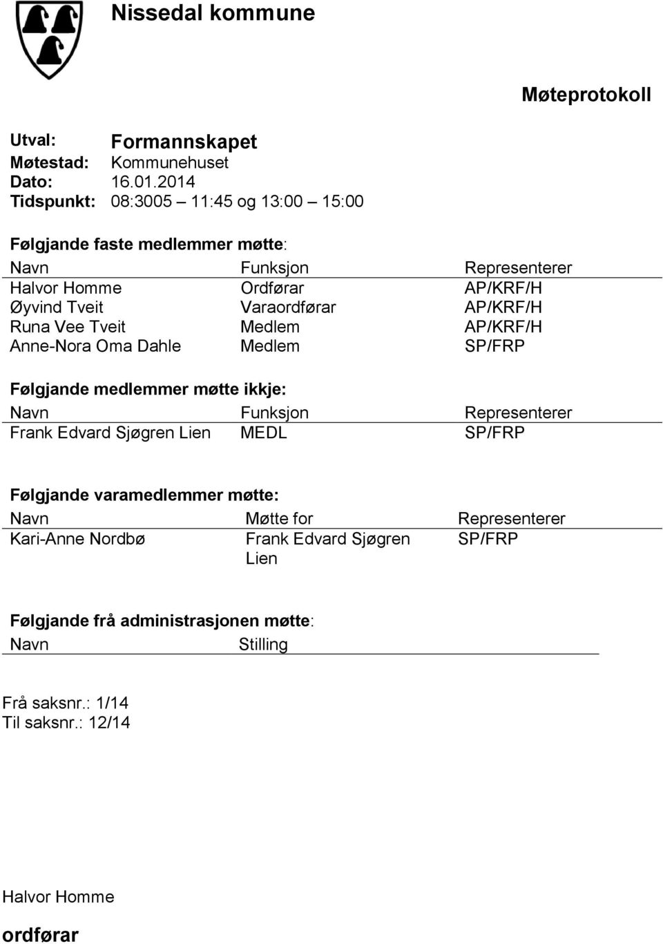 Varaordførar AP/KRF/H Runa Vee Tveit Medlem AP/KRF/H Anne-Nora Oma Dahle Medlem SP/FRP Følgjande medlemmer møtte ikkje: Navn Funksjon Representerer Frank Edvard