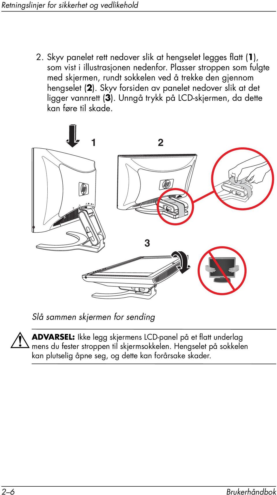 Plasser stroppen som fulgte med skjermen, rundt sokkelen ved å trekke den gjennom hengselet (2).