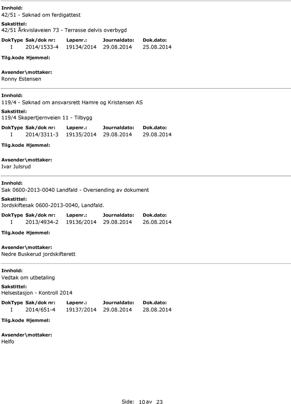 19135/2014 var Julsrud nnhold: Sak 0600-2013-0040 Landfald - Oversending av dokument Jordskiftesak 0600-2013-0040, Landfald.