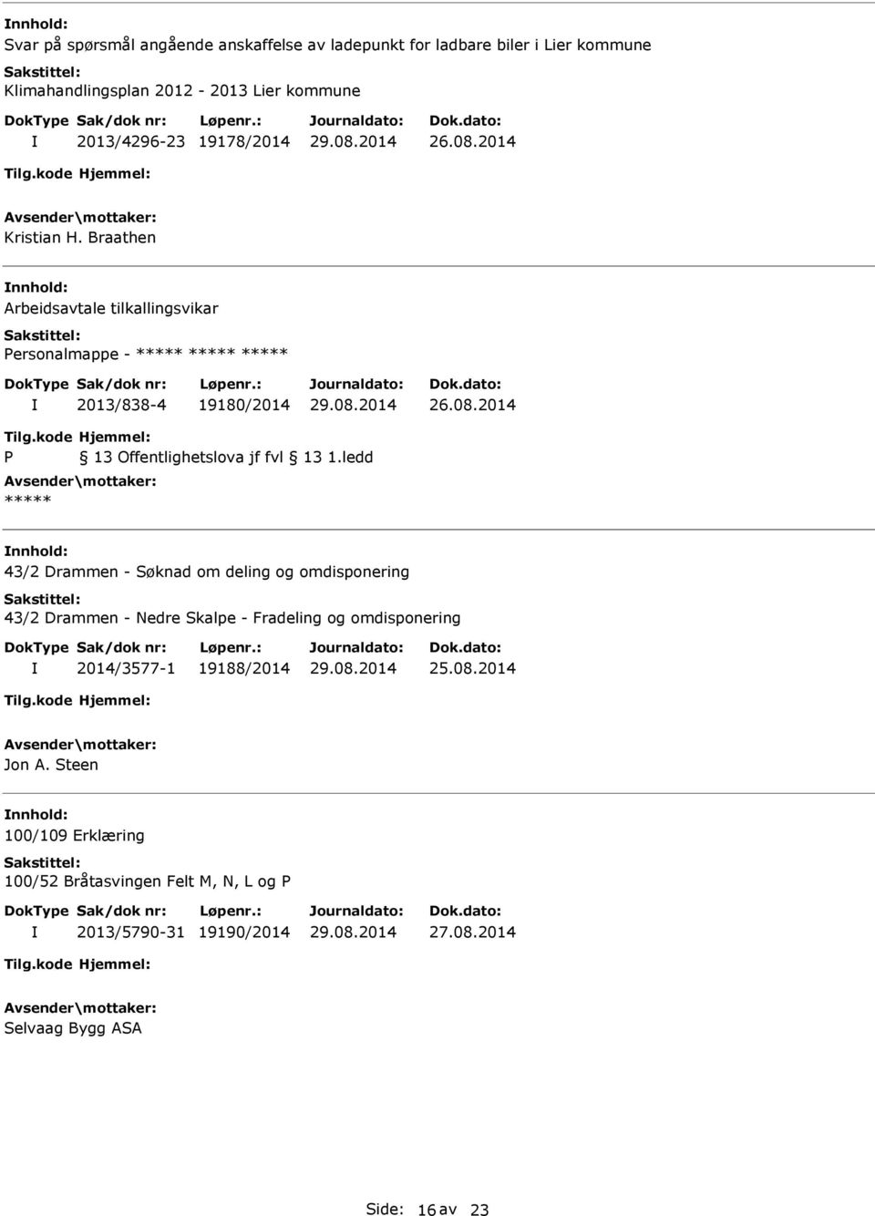 2014 Kristian H. Braathen nnhold: Arbeidsavtale tilkallingsvikar ersonalmappe - 2013/838-4 19180/2014 26.08.