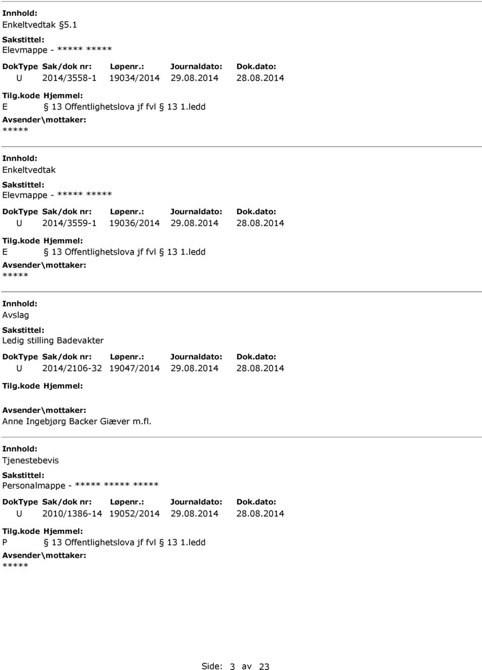 2014/3559-1 19036/2014 E nnhold: Avslag Ledig stilling Badevakter