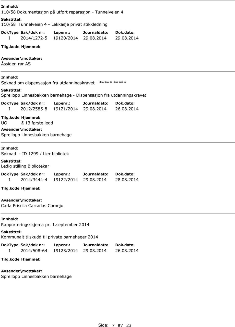 2014 O 13 første ledd Sprellopp Linnesbakken barnehage nnhold: Søknad - D 1299 / Lier bibliotek Ledig stilling Bibliotekar 2014/3444-4 19122/2014 Carla riscila