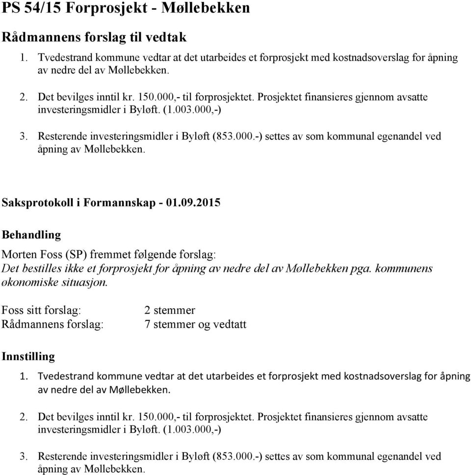 Saksprotokoll i Formannskap - 01.09.2015 Behandling Morten Foss (SP) fremmet følgende forslag: Det bestilles ikke et forprosjekt for åpning av nedre del av Møllebekken pga.