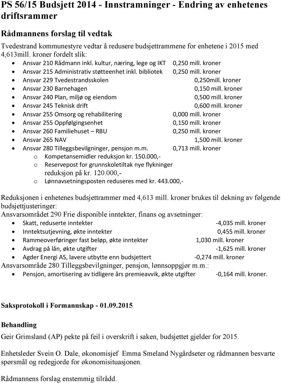 kroner Ansvar 229 Tvedestrandsskolen 0,250mill. kroner Ansvar 230 Barnehagen 0,150 mill. kroner Ansvar 240 Plan, miljø og eiendom 0,500 mill. kroner Ansvar 245 Teknisk drift 0,600 mill.