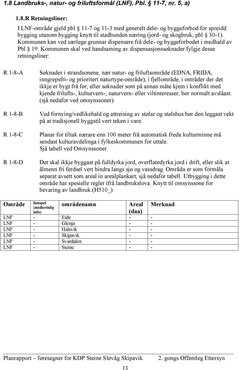 Kommunen skal ved handsaming av dispensasjonssøknader fylgje desse retningsliner: R 1-8-A R 1-8-B R 1-8-C R 1-8-D Søknader i strandsonene, nær natur- og friluftsområde (EDNA, FRIDA, inngrepsfri- og