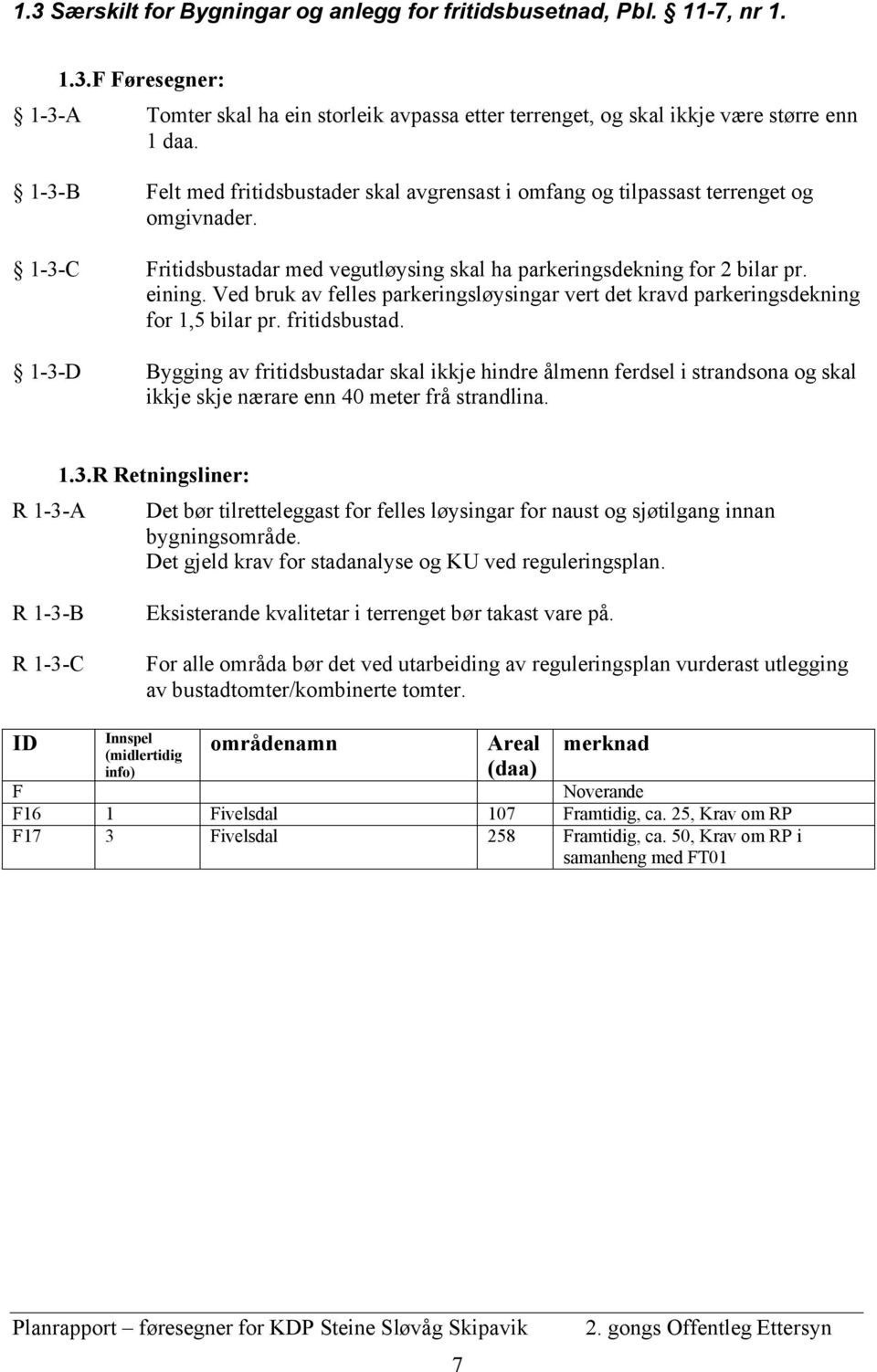 Ved bruk av felles parkeringsløysingar vert det kravd parkeringsdekning for 1,5 bilar pr. fritidsbustad.