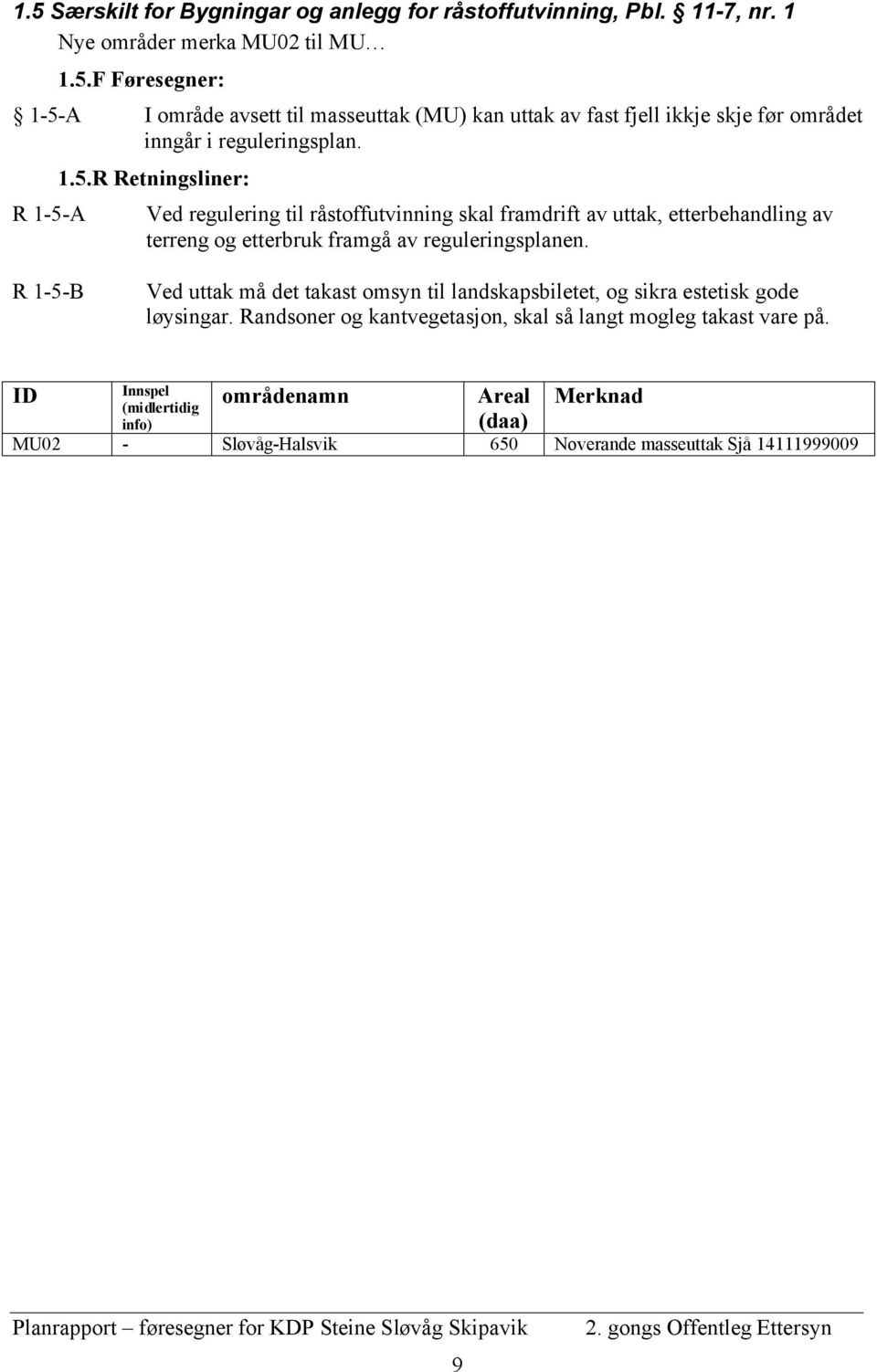 R 1-5-B Ved uttak må det takast omsyn til landskapsbiletet, og sikra estetisk gode løysingar. Randsoner og kantvegetasjon, skal så langt mogleg takast vare på.