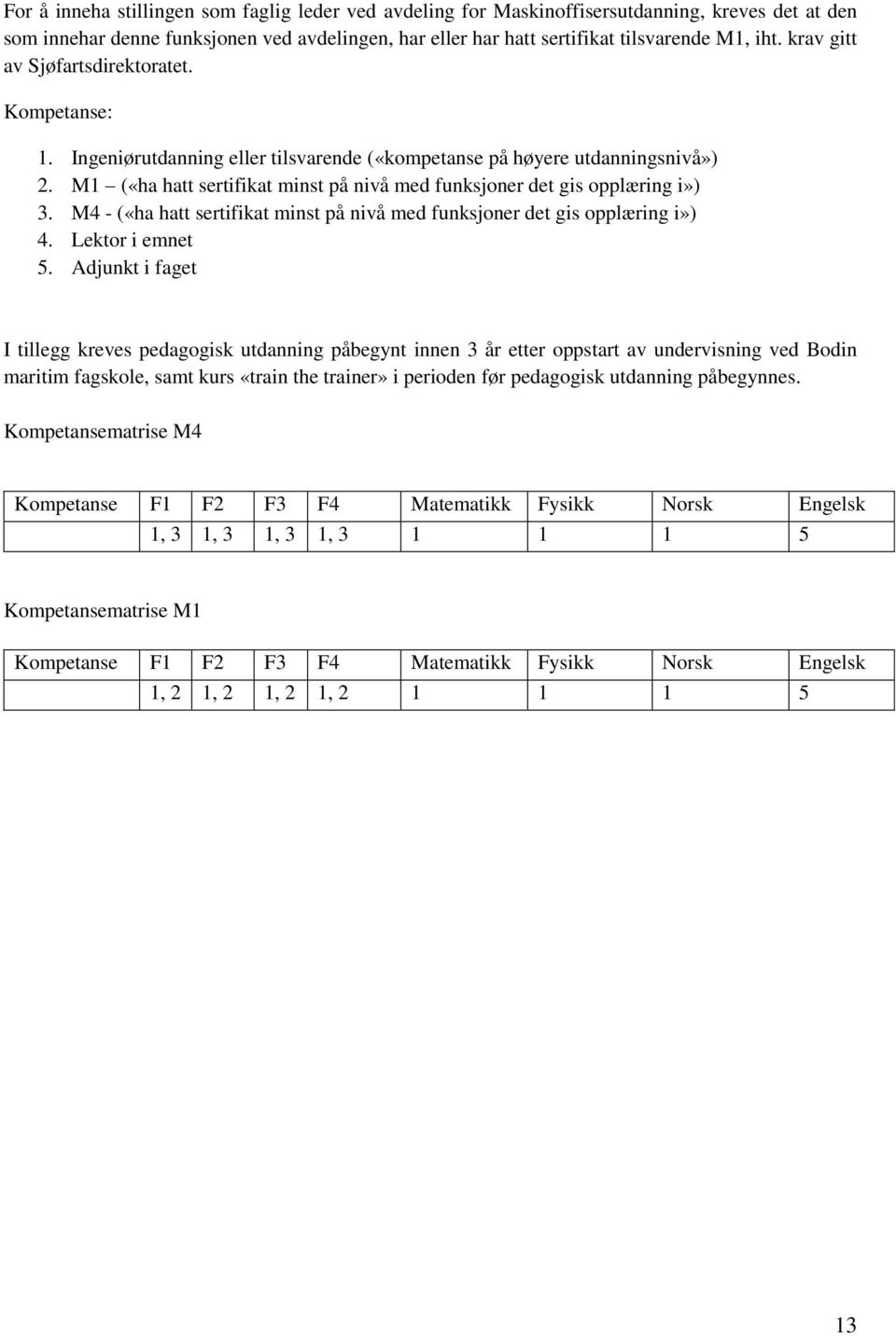 M1 («ha hatt sertifikat minst på nivå med funksjoner det gis opplæring i») 3. M4 - («ha hatt sertifikat minst på nivå med funksjoner det gis opplæring i») 4. Lektor i emnet 5.