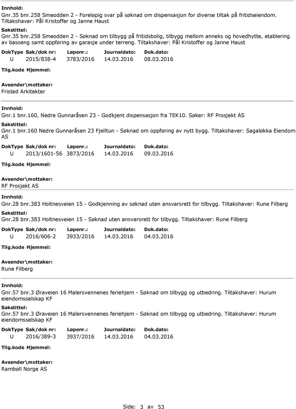 Tiltakshaver: Sagaløkka Eiendom S 2013/1601-56 3873/2016 RF Prosjekt S Gnr.28 bnr.383 Holtnesveien 15 - Godkjenning av søknad uten ansvarsrett for tilbygg. Tiltakshaver: Rune Filberg Gnr.28 bnr.383 Holtnesveien 15 - Søknad uten ansvarsrett for tilbygg.