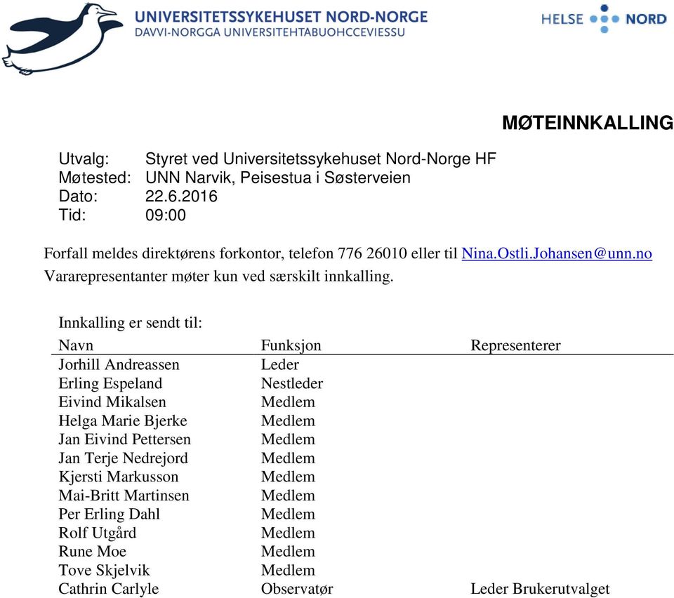 Innkalling er sendt til: Navn Funksjon Representerer Jorhill Andreassen Leder Erling Espeland Nestleder Eivind Mikalsen Medlem Helga Marie Bjerke Medlem Jan Eivind