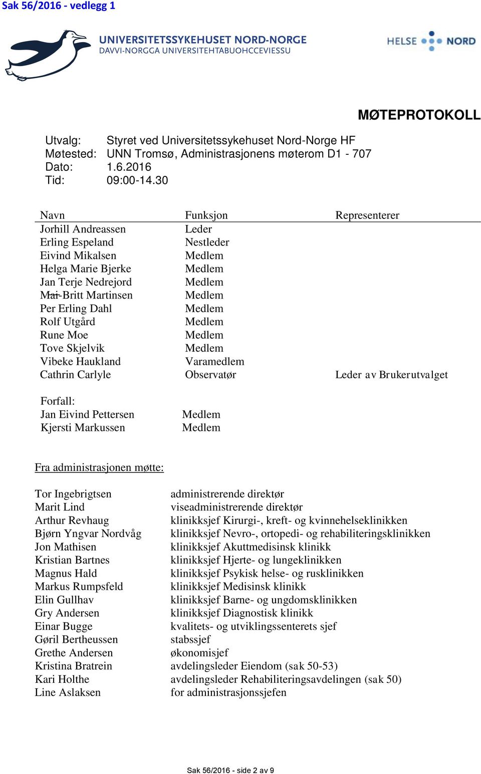 Per Erling Dahl Medlem Rolf Utgård Medlem Rune Moe Medlem Tove Skjelvik Medlem Vibeke Haukland Varamedlem Cathrin Carlyle Observatør Leder av Brukerutvalget Forfall: Jan Eivind Pettersen Kjersti