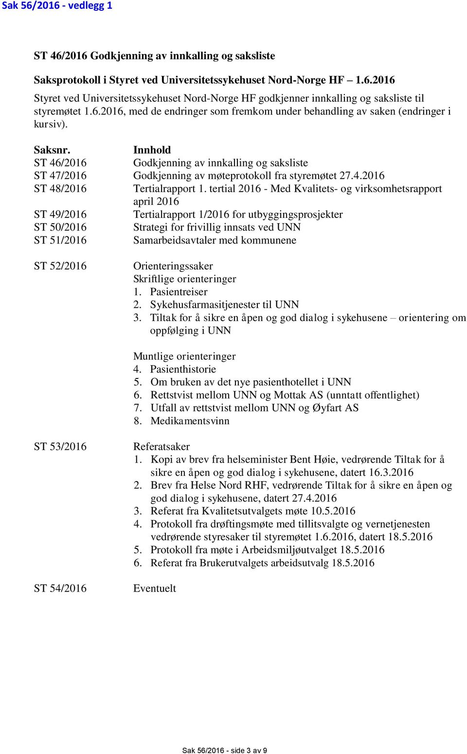 Innhold ST 46/2016 Godkjenning av innkalling og saksliste ST 47/2016 Godkjenning av møteprotokoll fra styremøtet 27.4.2016 ST 48/2016 Tertialrapport 1.