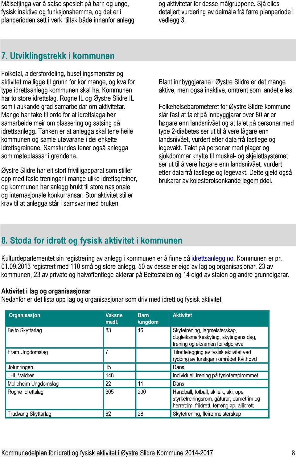 Utviklingstrekk i kommunen Folketal, aldersfordeling, busetjingsmønster og aktivitet må ligge til grunn for kor mange, og kva for type idrettsanlegg kommunen skal ha.