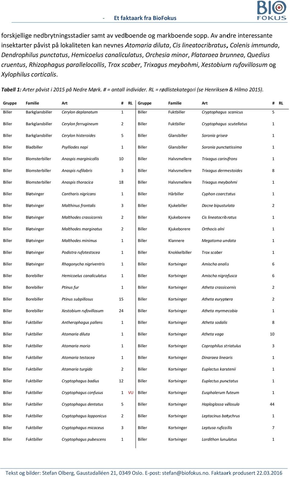 P brunnea, Quedius cruentus, Rhizophagus parallelocollis, Trox scaber, Trixagus meybohmi, Xestobiumm rufovillosum og Xylophilus corticalis. Tabell : er påvist i 05 på Nedre Mørk. # = antall individer.