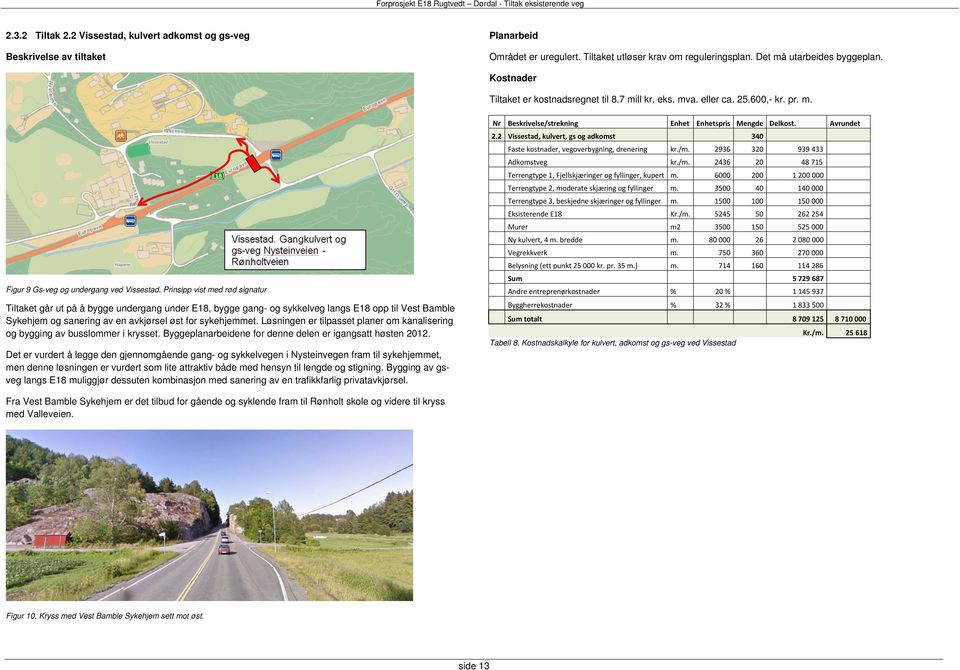 Prinsipp vist med rød signatur Tiltaket går ut på å bygge undergang under E18, bygge gang- og sykkelveg langs E18 opp til Vest Bamble Sykehjem og sanering av en avkjørsel øst for sykehjemmet.