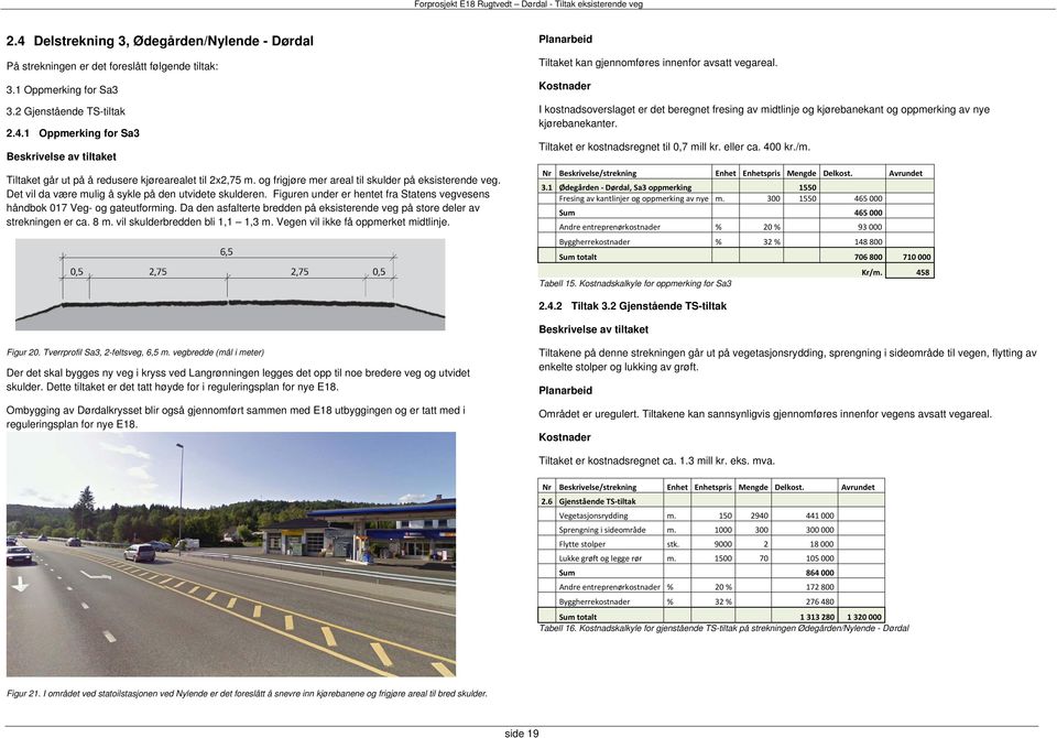 Da den asfalterte bredden på eksisterende veg på store deler av strekningen er ca. 8 m. vil skulderbredden bli 1,1 1,3 m. Vegen vil ikke få oppmerket midtlinje.