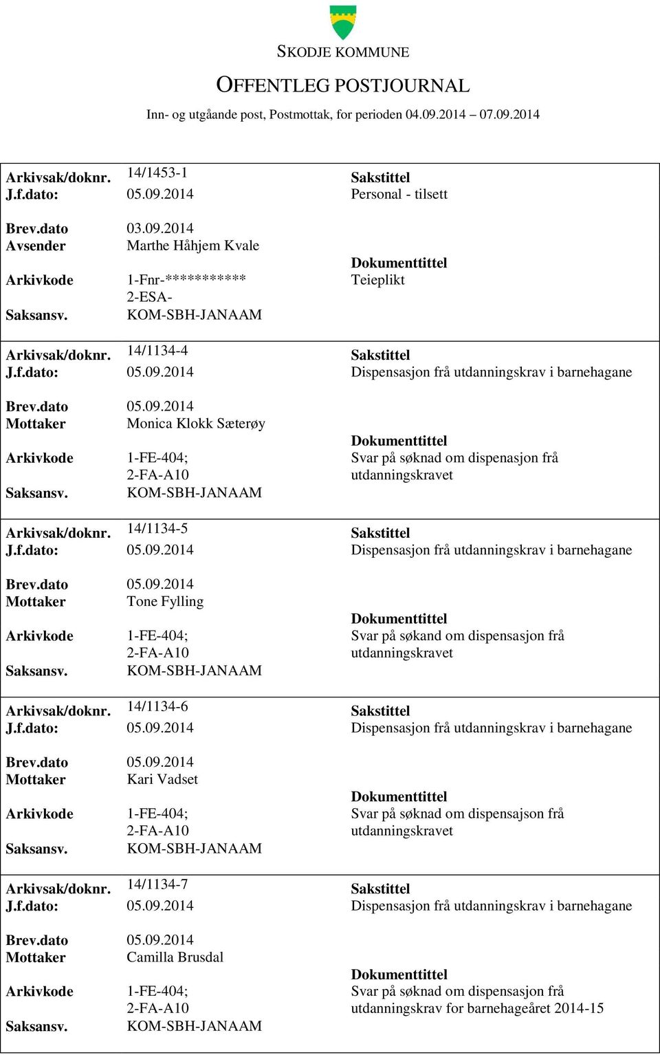 2014 Dispensasjon frå utdanningskrav i barnehagane Mottaker Monica Klokk Sæterøy 1-FE-404; 2-FA-A10 KOM-SBH-JANAAM Svar på søknad om dispenasjon frå utdanningskravet Arkivsak/doknr.