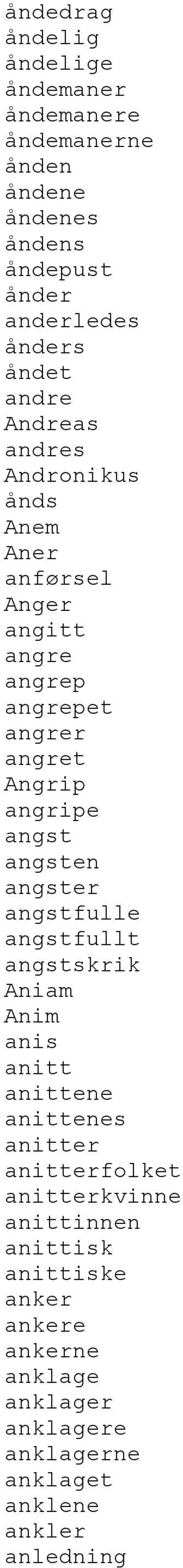 angripe angst angsten angster angstfulle angstfullt angstskrik Aniam Anim anis anitt anittene anittenes anitter