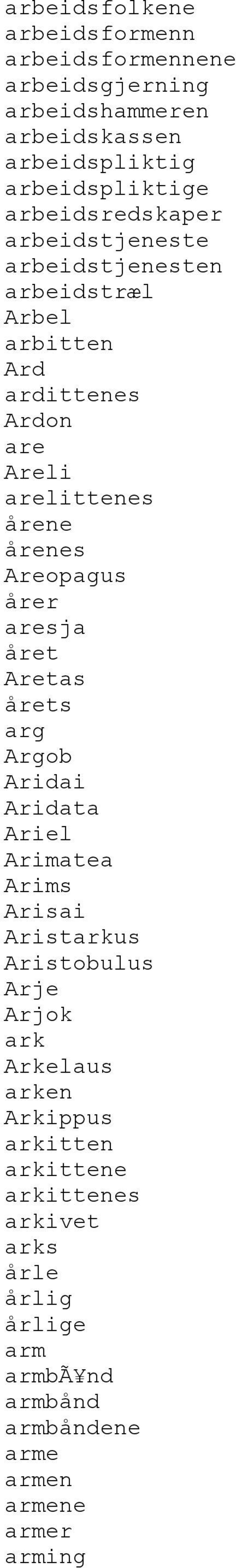 Areopagus årer aresja året Aretas årets arg Argob Aridai Aridata Ariel Arimatea Arims Arisai Aristarkus Aristobulus Arje Arjok ark