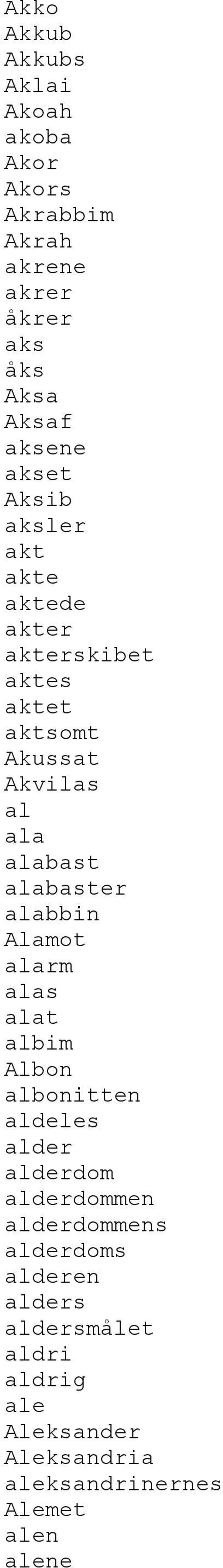 alabaster alabbin Alamot alarm alas alat albim Albon albonitten aldeles alder alderdom alderdommen