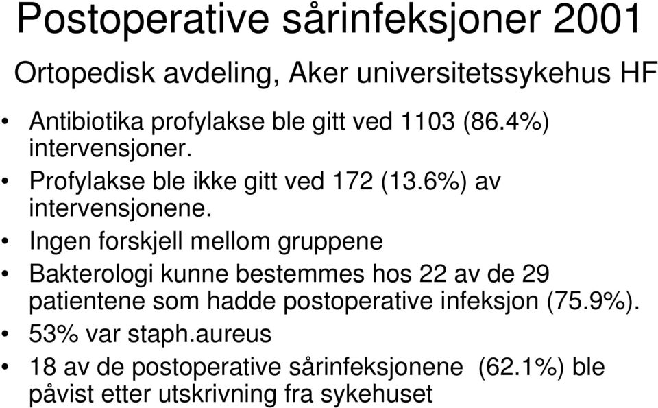 Ingen forskjell mellom gruppene Bakterologi kunne bestemmes hos 22 av de 29 patientene som hadde postoperative