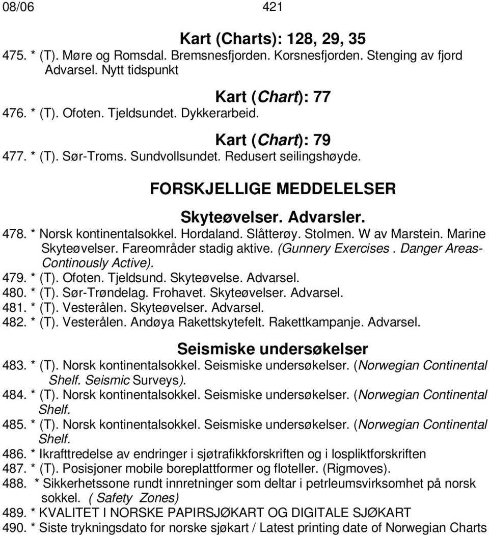 Stolmen. W av Marstein. Marine Skyteøvelser. Fareområder stadig aktive. (Gunnery Exercises. Danger Areas- Continously Active). 479. * (T). Ofoten. Tjeldsund. Skyteøvelse. Advarsel. 480. * (T). Sør-Trøndelag.