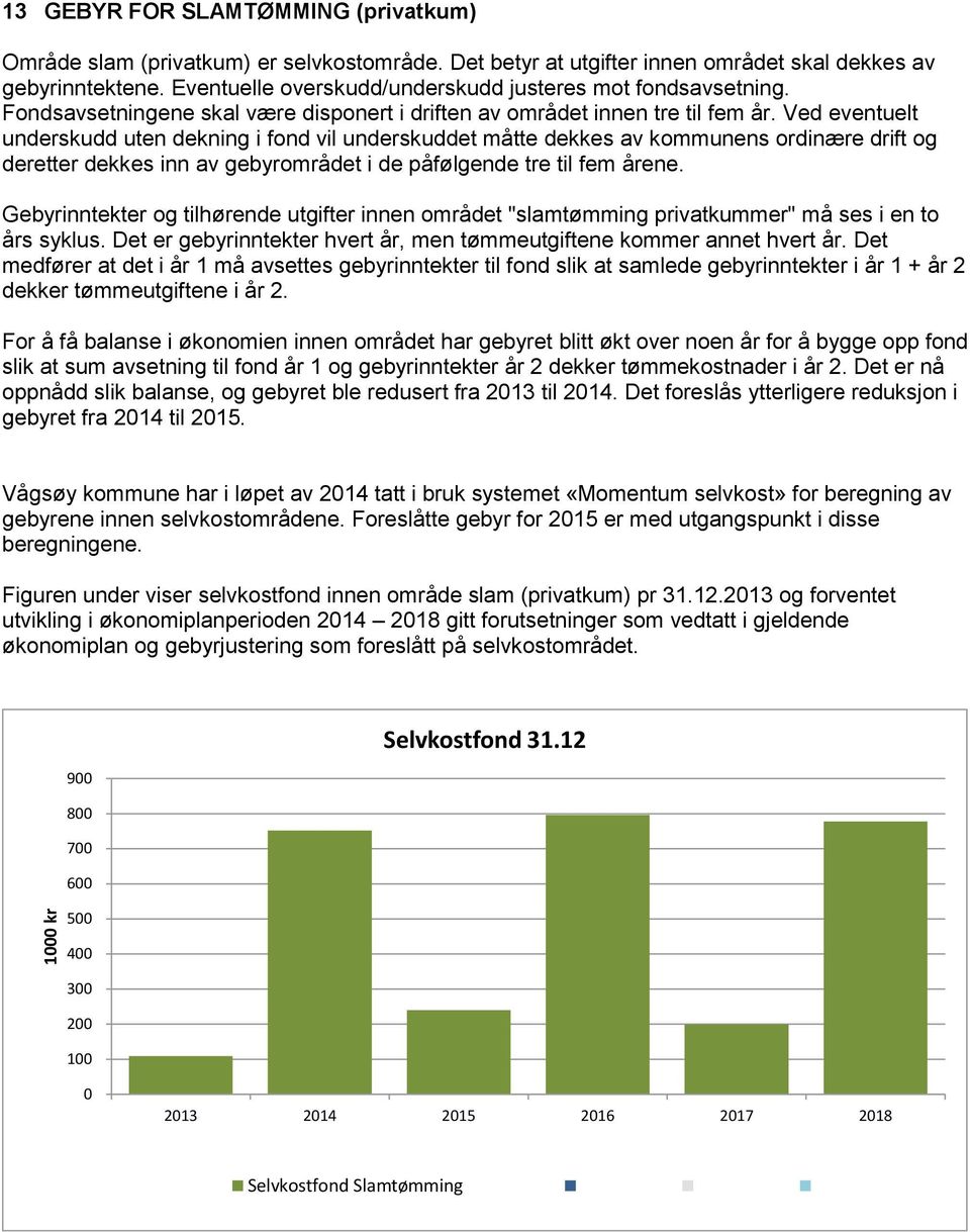 Ved eventuelt underskudd uten dekning i fond vil underskuddet måtte dekkes av kommunens ordinære drift og deretter dekkes inn av gebyrområdet i de påfølgende tre til fem årene.