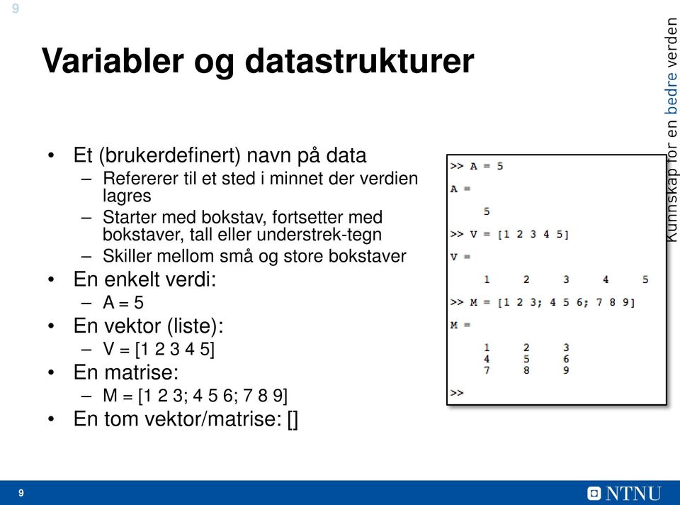 understrek-tegn Skiller mellom små og store bokstaver En enkelt verdi: A = 5 En vektor