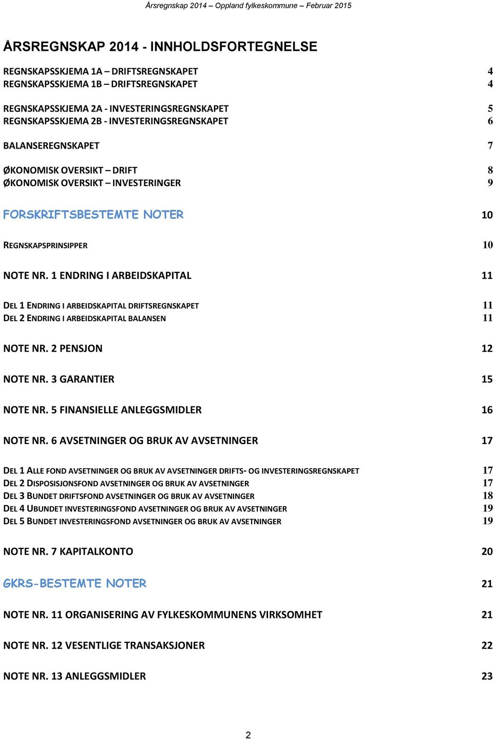 1 ENDRING I ARBEIDSKAPITAL 11 DEL 1 ENDRING I ARBEIDSKAPITAL DRIFTSREGNSKAPET 11 DEL 2 ENDRING I ARBEIDSKAPITAL BALANSEN 11 NOTE NR. 2 PENSJON 12 NOTE NR. 3 GARANTIER 15 NOTE NR.