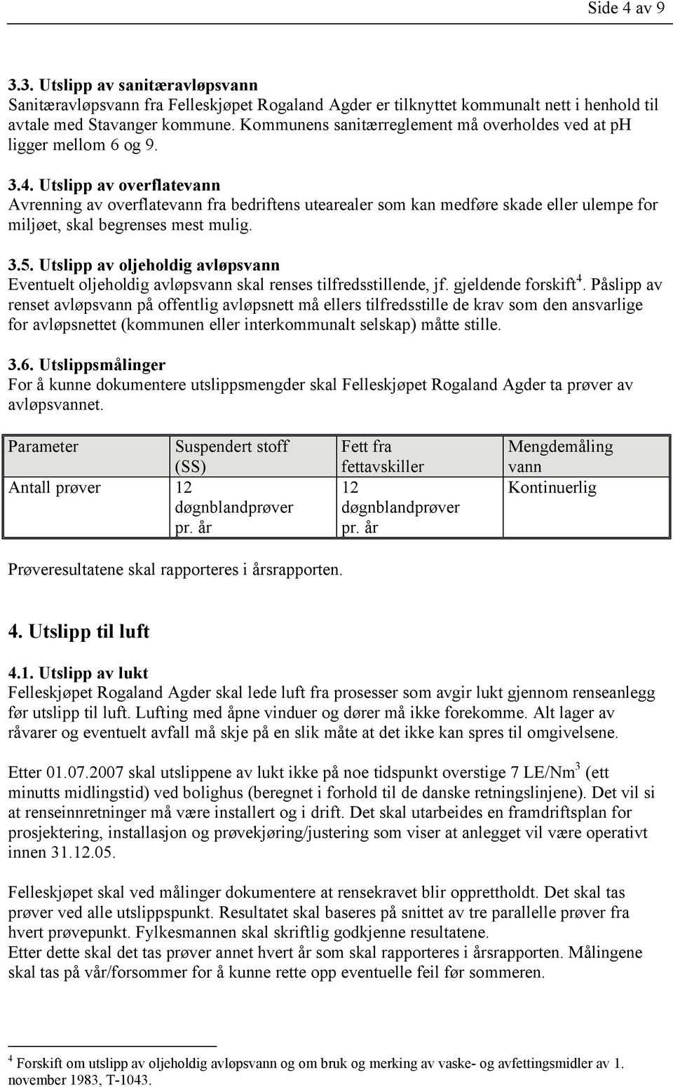 Utslipp av overflatevann Avrenning av overflatevann fra bedriftens utearealer som kan medføre skade eller ulempe for miljøet, skal begrenses mest mulig. 3.5.